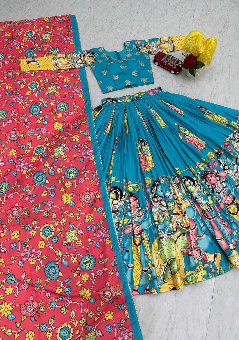 Blue Cotton Lehenga Set with Embroidery for Diwali | Wedding & Festive Wear - Indya