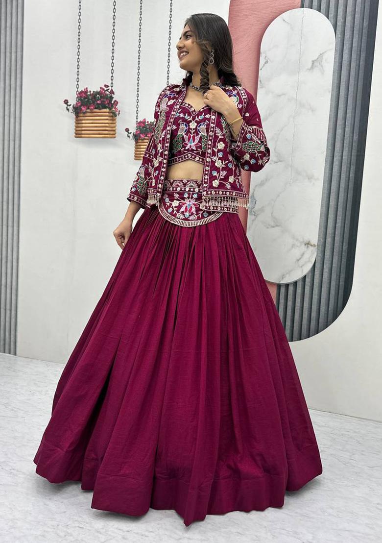 Dark Pink Sequence Silk Lehenga Set - Indya