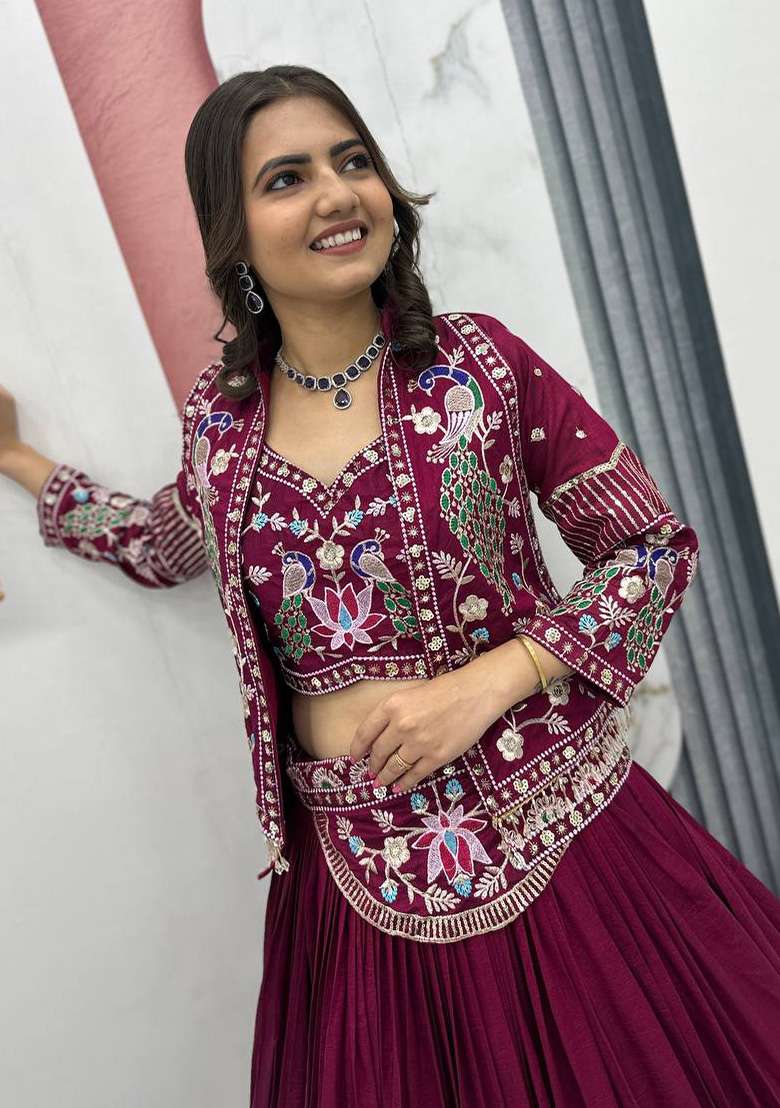 Dark Pink Sequence Silk Blend Lehenga Set for Diwali and Festive Wear - Indya