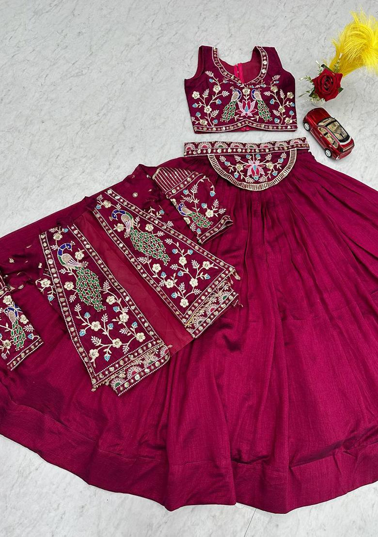 Dark Pink Sequence Silk Lehenga Set - Indya