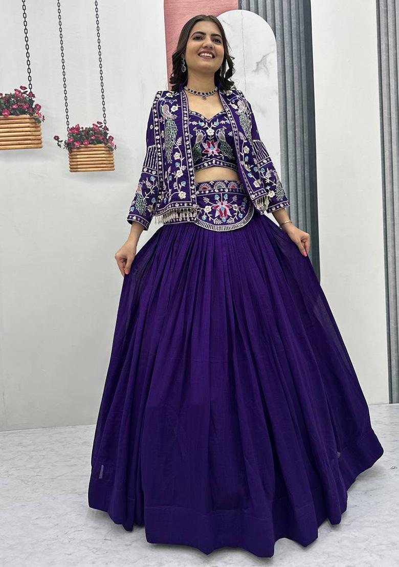 Purple Sequence Silk Lehenga Set - Indya
