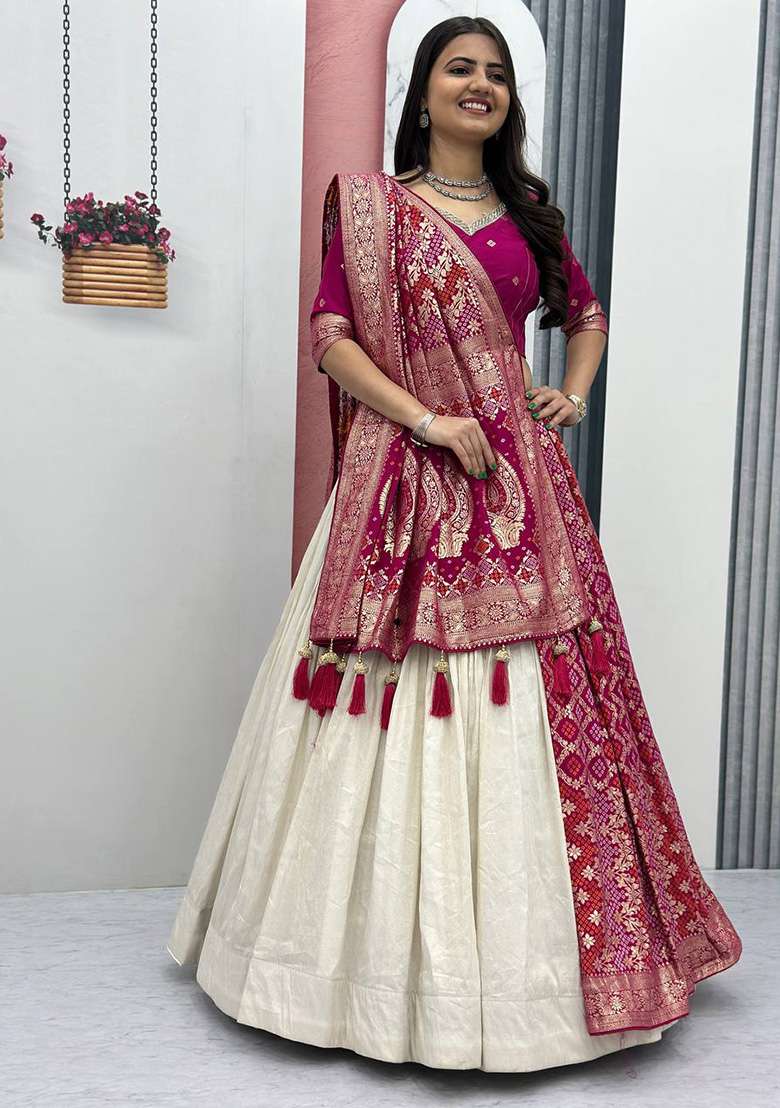 Pink Moti Work Silk Blend Lehenga Set for Diwali | Wedding & Festive Wear - Indya