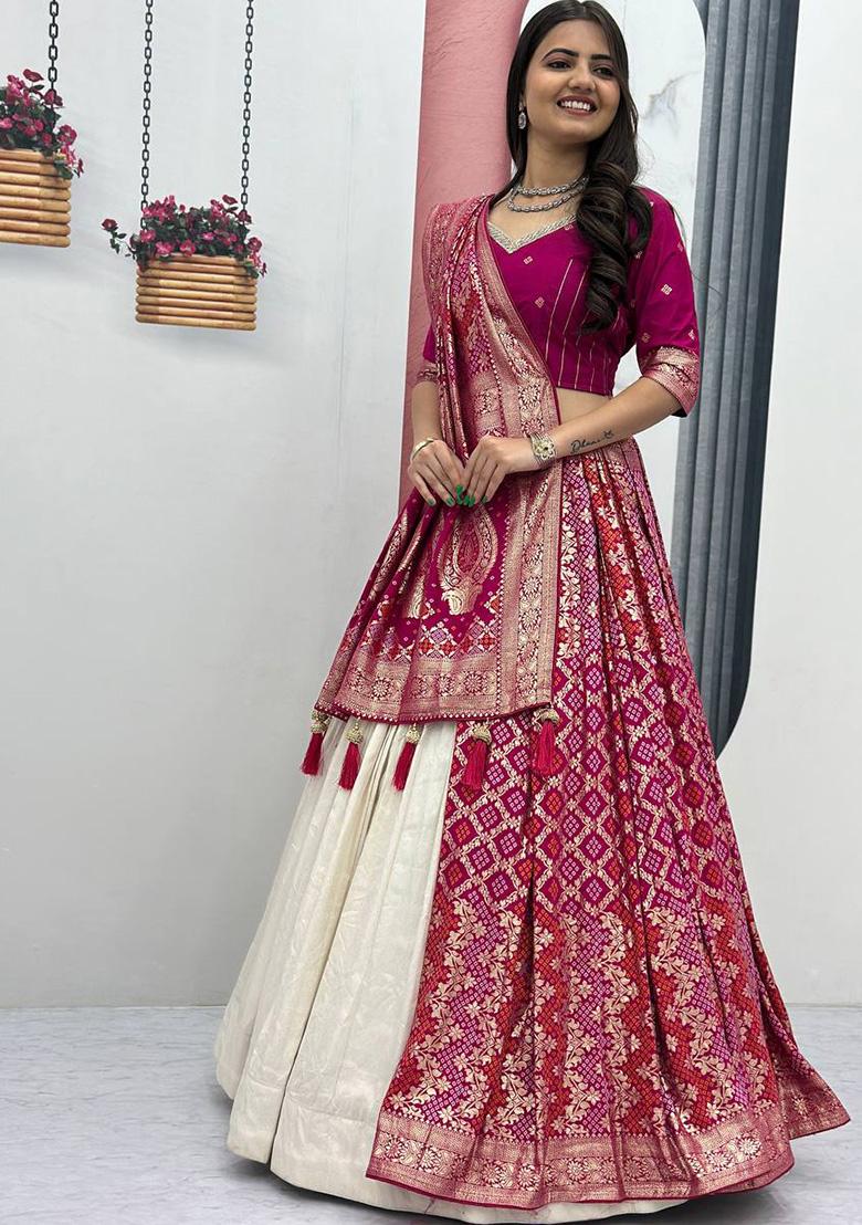 Pink Moti Work Silk Lehenga Set - Indya