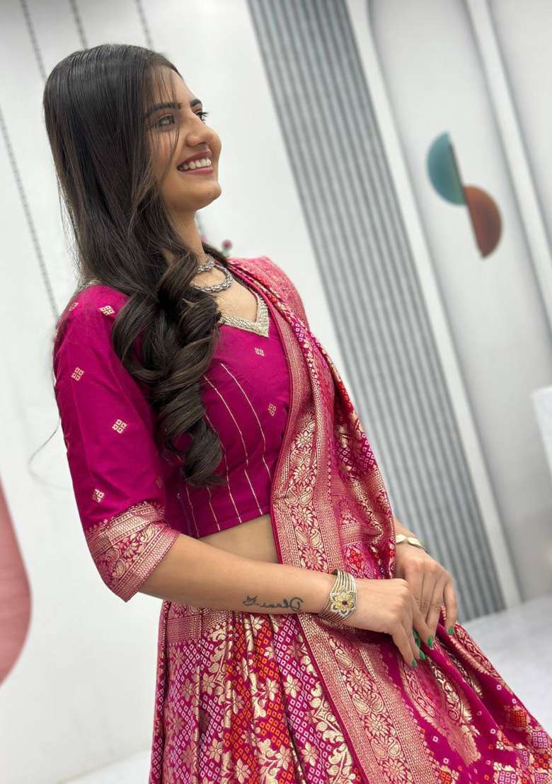 Pink Moti Work Silk Blend Lehenga Set for Diwali | Wedding & Festive Wear - Indya