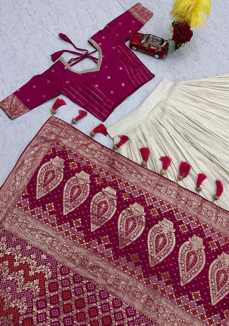 Pink Moti Work Silk Lehenga Set - Indya
