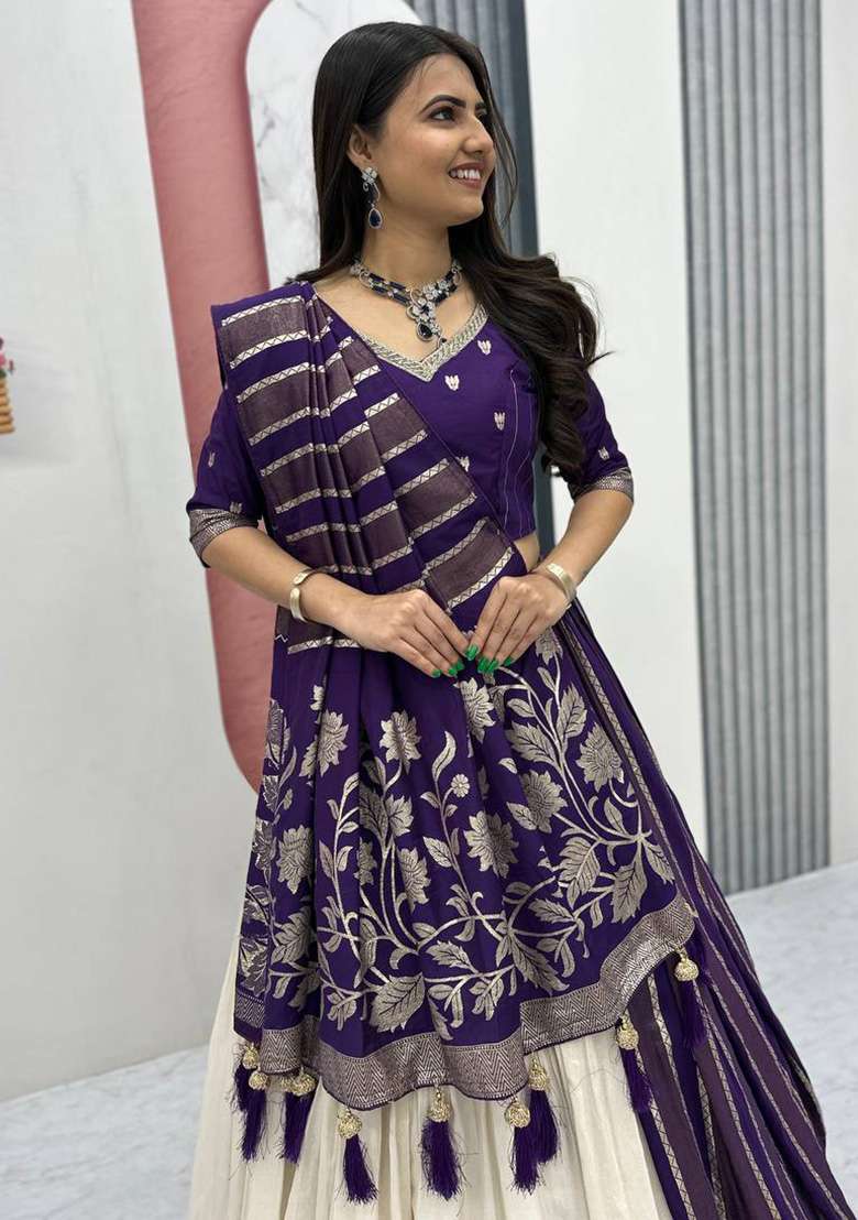 Purple Moti Work Silk Blend Lehenga Set for Diwali | Wedding & Festive Wear - Indya