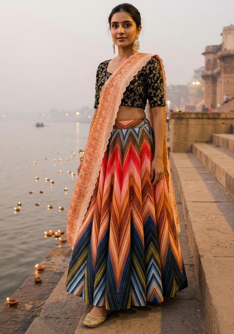 Black Embroidery Satin Lehenga Set