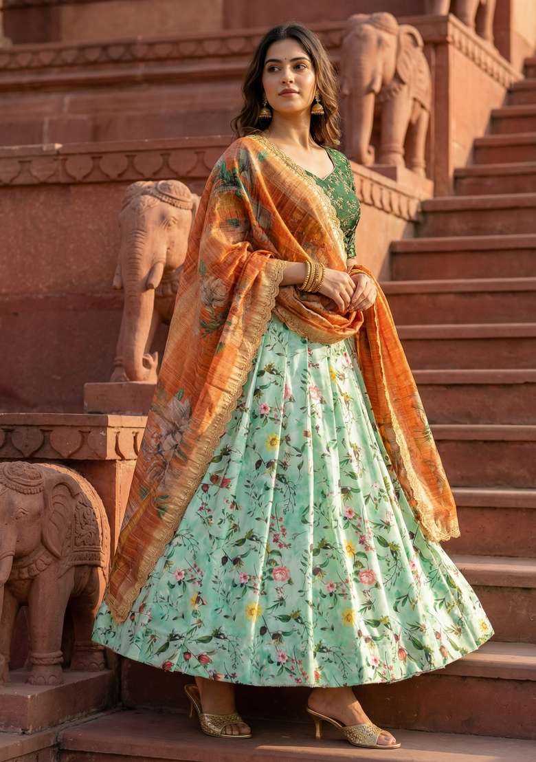 Green Embroidery Satin Lehenga Set for Diwali and Festive Wear - Indya
