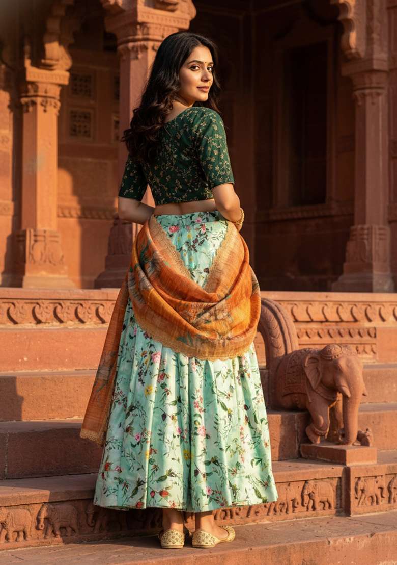Green Embroidery Satin Lehenga Set for Diwali and Festive Wear - Indya
