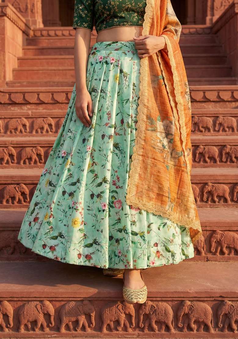 Green Embroidery Satin Lehenga Set for Diwali and Festive Wear - Indya