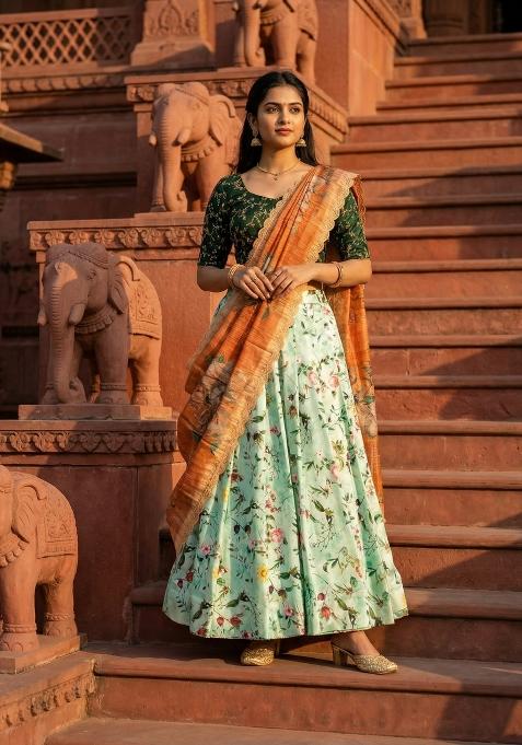 Green Embroidery Satin Lehenga Set