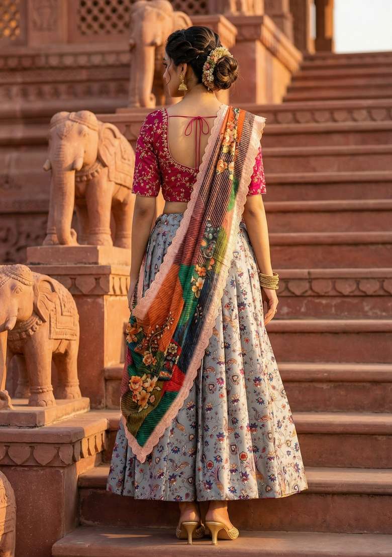Pink Embroidery Satin Lehenga Set for Diwali and Festive Wear - Indya