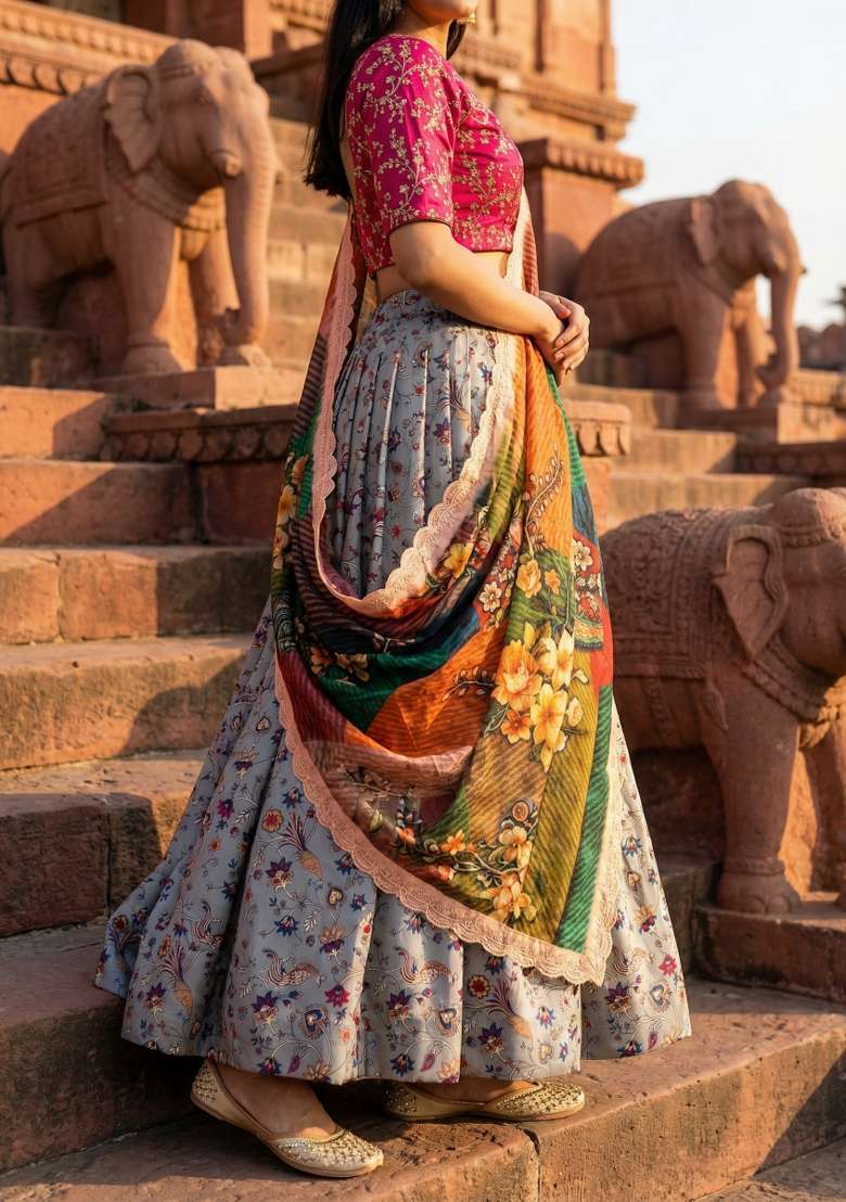 Pink Embroidery Satin Lehenga Set for Diwali and Festive Wear - Indya