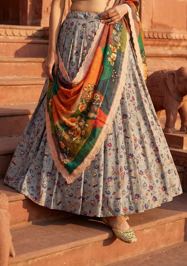 Pink Embroidery Satin Lehenga Set for Diwali and Festive Wear - Indya