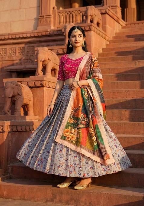 Pink Embroidery Satin Lehenga Set