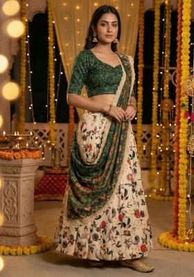 Green Embroidery Satin Lehenga Set