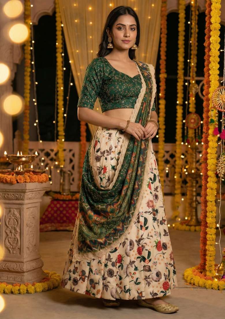 Green Satin Lehenga Set with Embroidery for Diwali | Wedding & Festive Wear - Indya