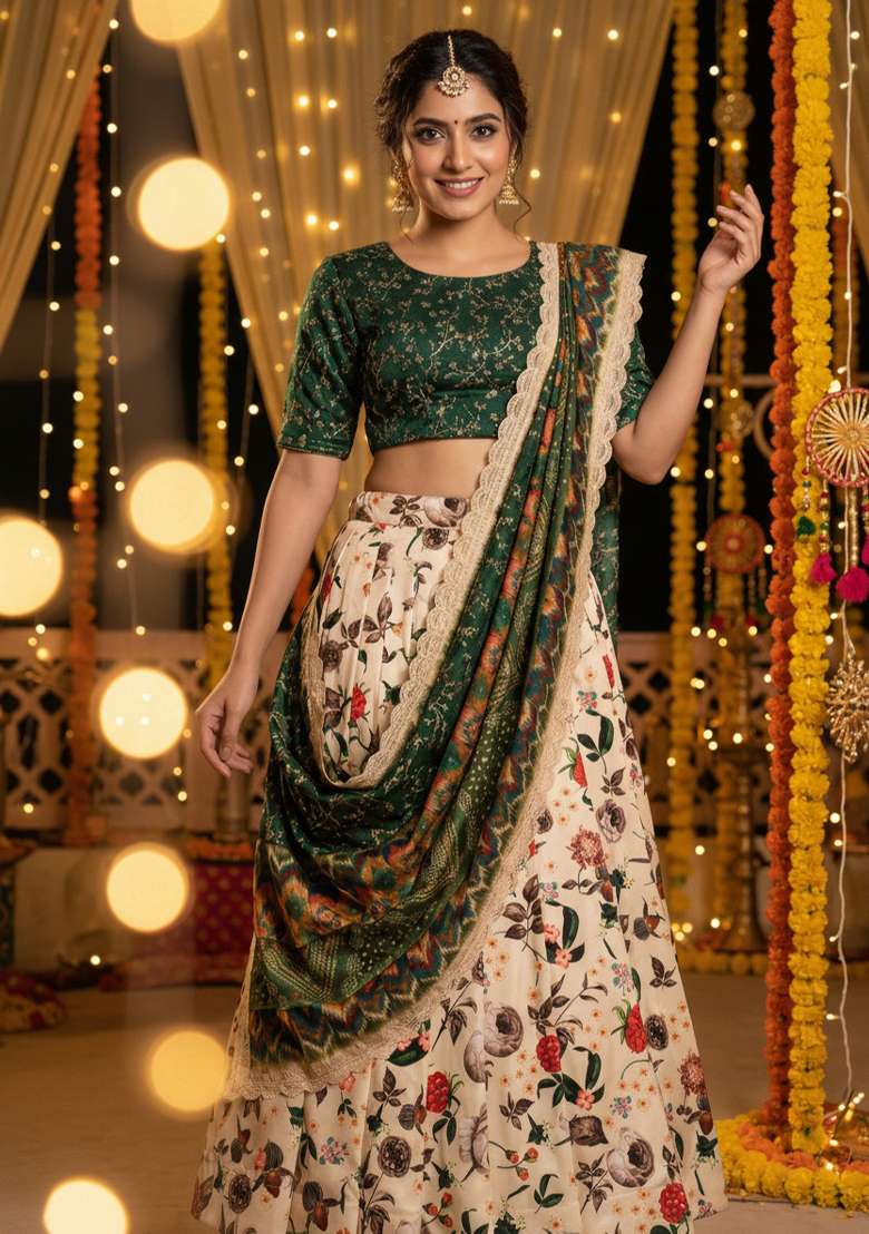 Green Satin Lehenga Set with Embroidery for Diwali | Wedding & Festive Wear - Indya