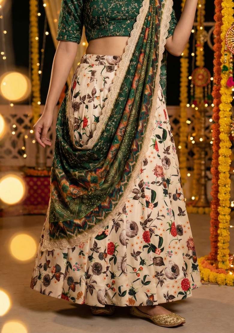 Green Satin Lehenga Set with Embroidery for Diwali | Wedding & Festive Wear - Indya