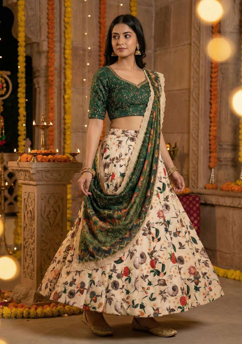Green Satin Lehenga Set with Embroidery for Diwali | Wedding & Festive Wear - Indya