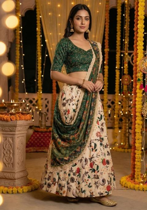 Green Embroidery Satin Lehenga Set