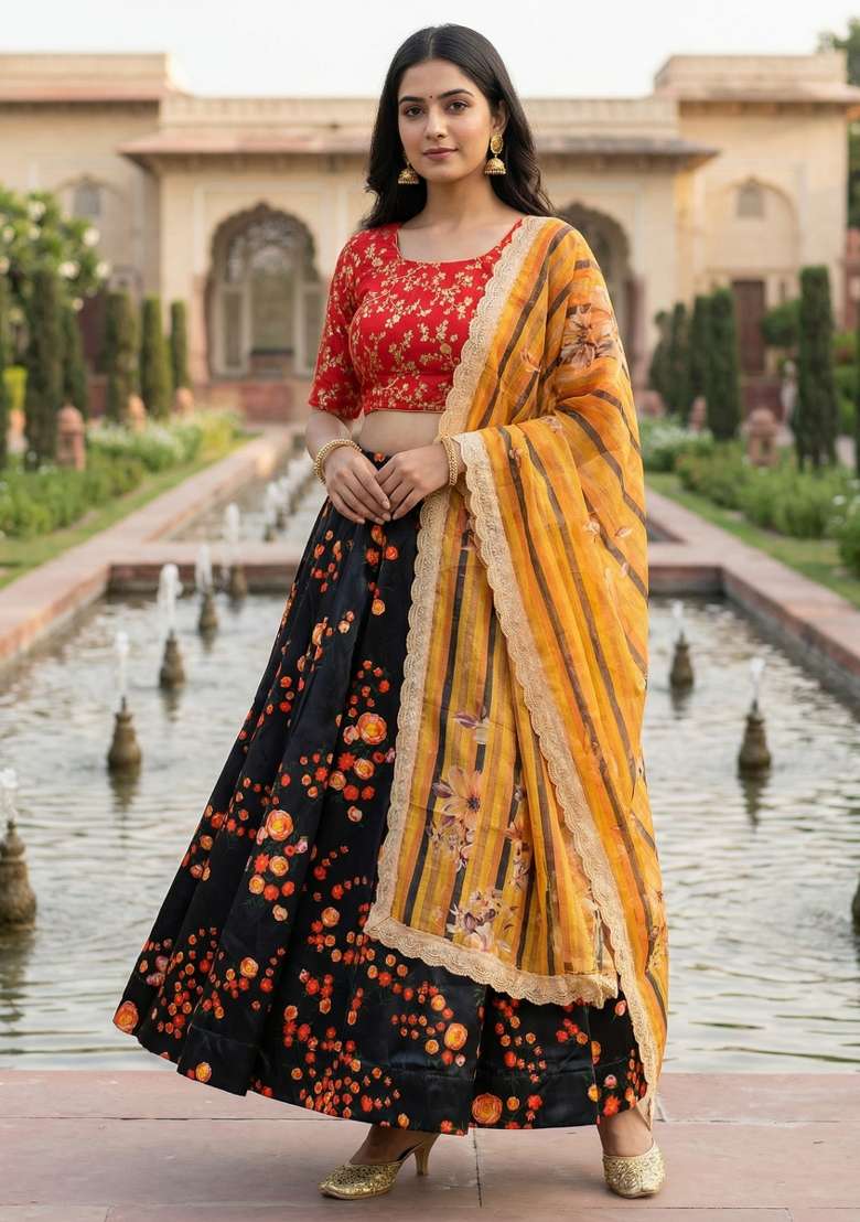 Black Embroidery Satin Lehenga Set for Diwali and Festive Wear - Indya