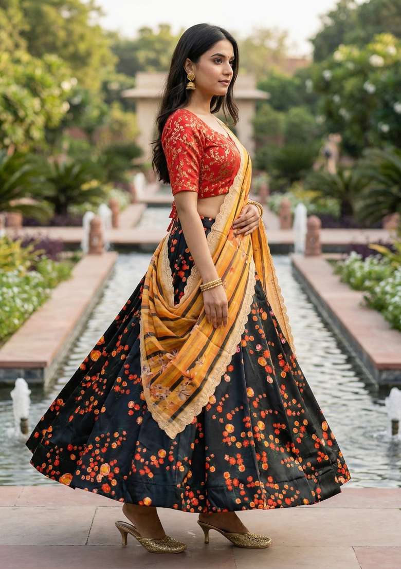 Black Embroidery Satin Lehenga Set for Diwali and Festive Wear - Indya