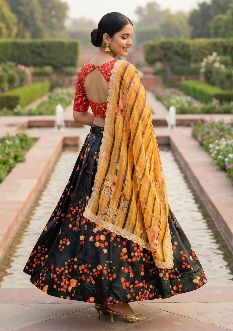 Black Embroidery Satin Lehenga Set for Diwali and Festive Wear - Indya
