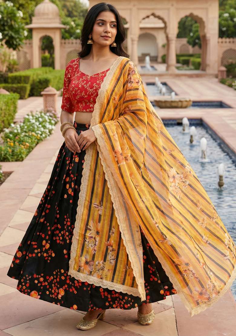 Black Embroidery Satin Lehenga Set for Diwali and Festive Wear - Indya