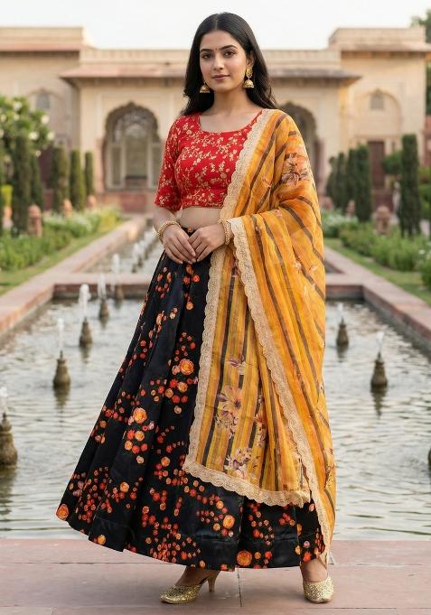 Black Embroidery Satin Lehenga Set