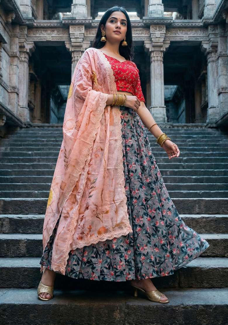 Pink Satin Lehenga Set with Embroidery for Diwali | Wedding & Festive Wear - Indya