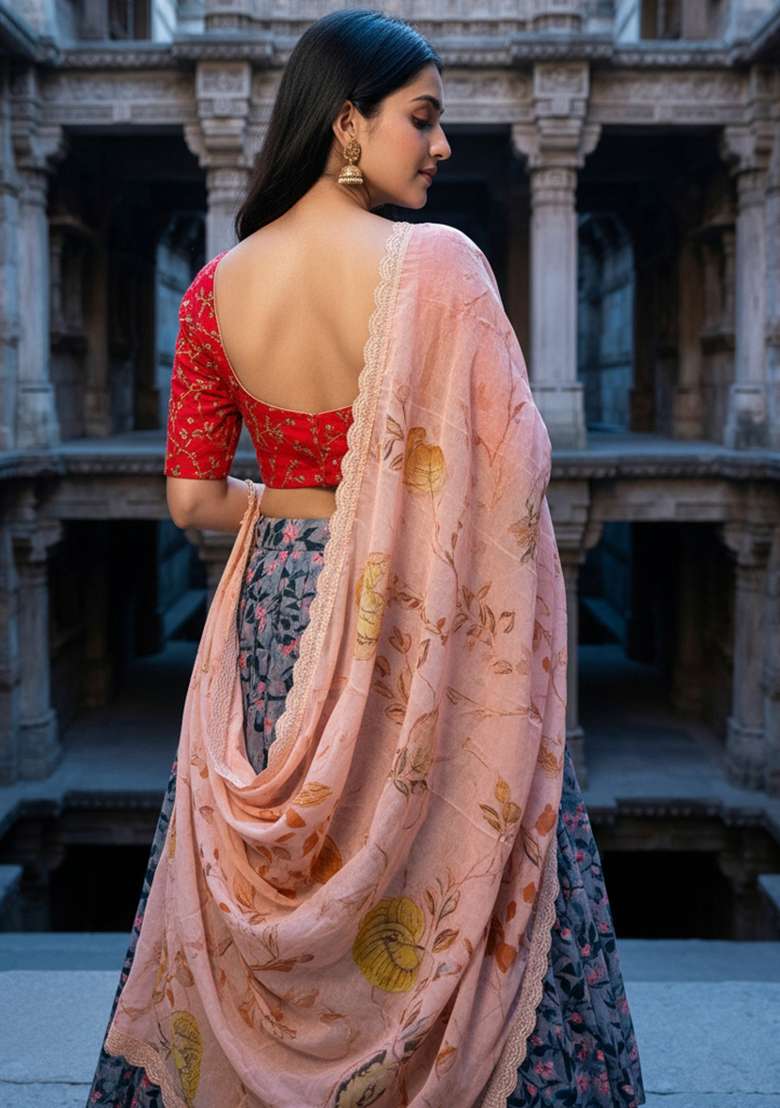 Pink Satin Lehenga Set with Embroidery for Diwali | Wedding & Festive Wear - Indya