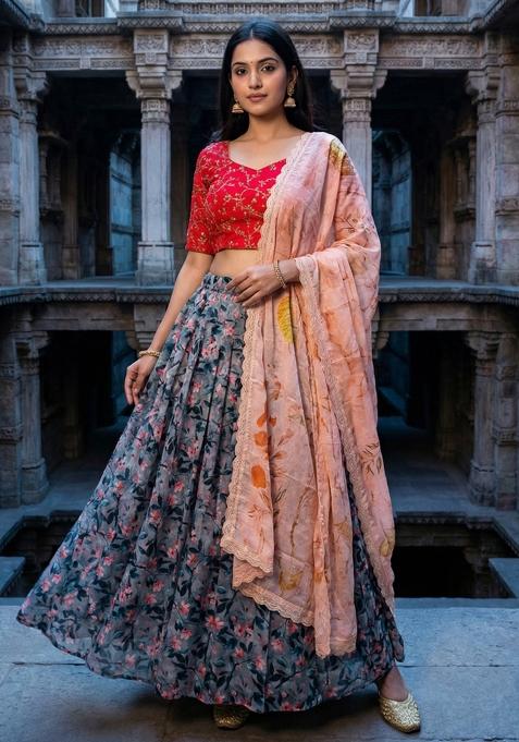 Pink Embroidery Satin Lehenga Set