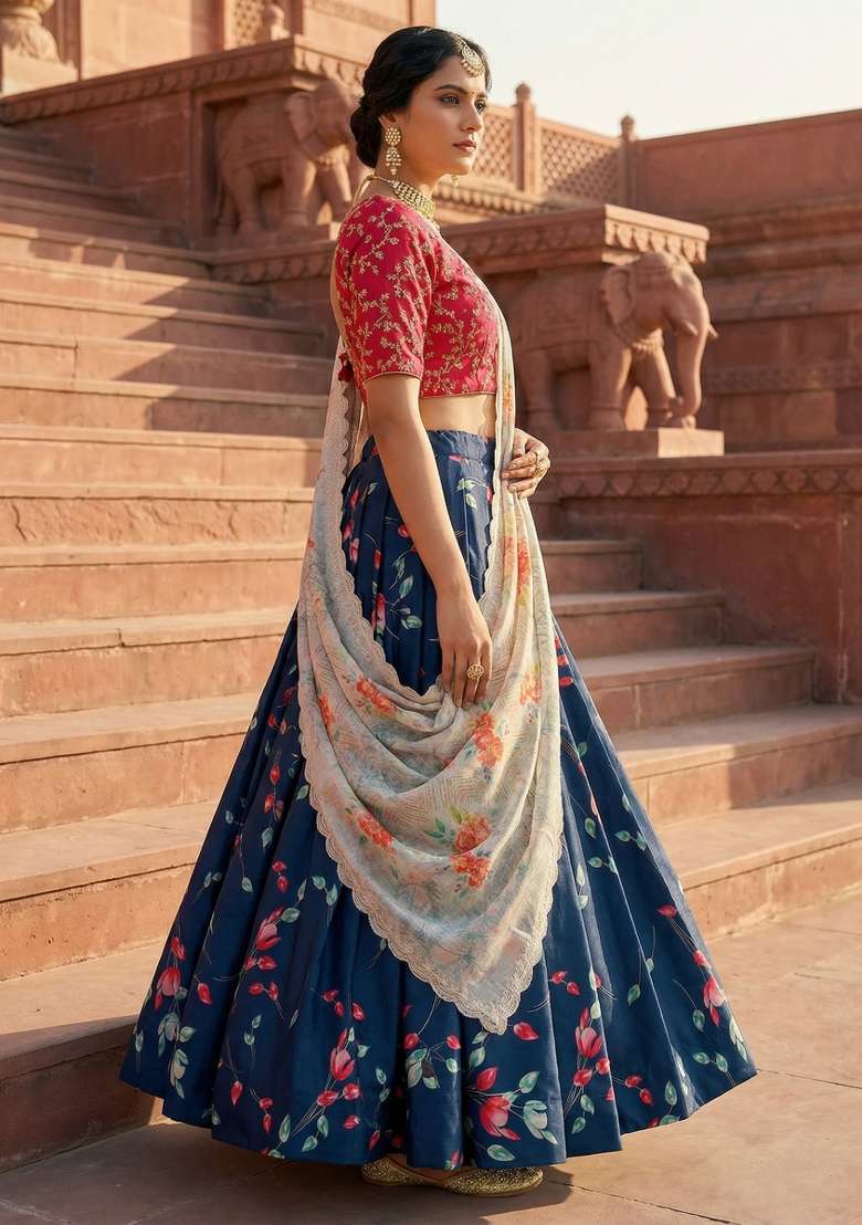 Pink Satin Lehenga Set with Embroidery for Diwali | Wedding & Festive Wear - Indya