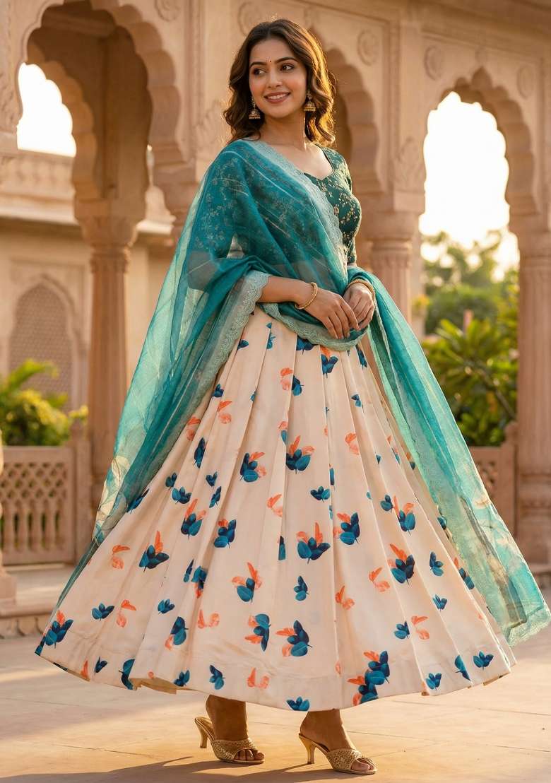 Teal Satin Lehenga Set with Embroidery for Diwali | Wedding & Festive Wear - Indya