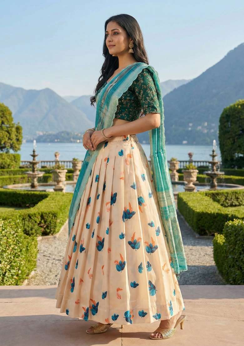 Teal Satin Lehenga Set with Embroidery for Diwali | Wedding & Festive Wear - Indya