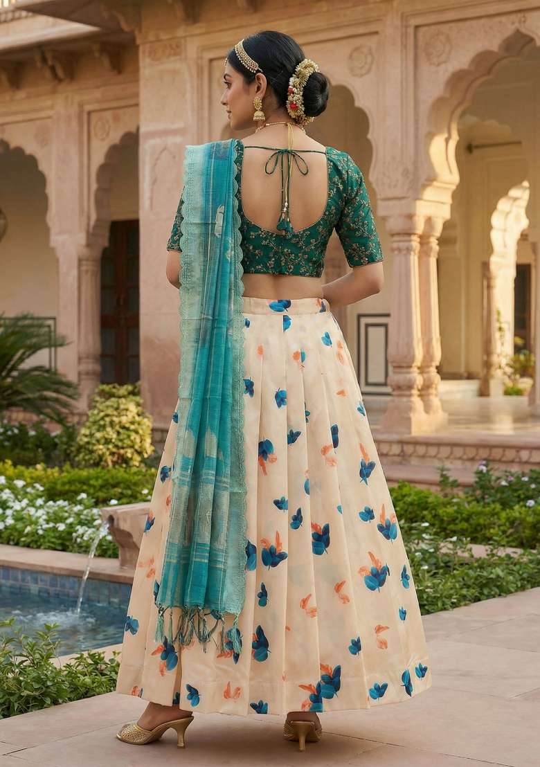Teal Satin Lehenga Set with Embroidery for Diwali | Wedding & Festive Wear - Indya