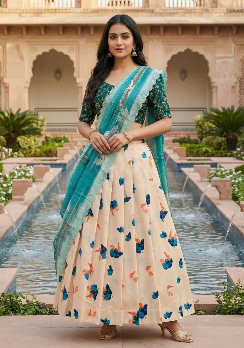 Teal Satin Lehenga Set with Embroidery for Diwali | Wedding & Festive Wear - Indya