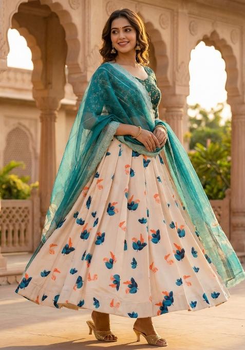 Teal Embroidery Satin Lehenga Set