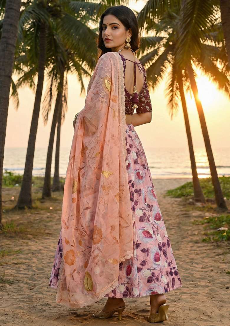 Wine Embroidery Satin Lehenga Set for Diwali and Festive Wear - Indya