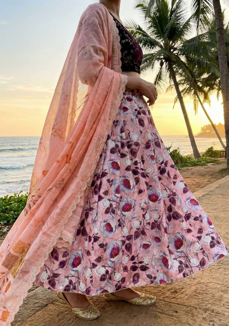 Wine Embroidery Satin Lehenga Set for Diwali and Festive Wear - Indya
