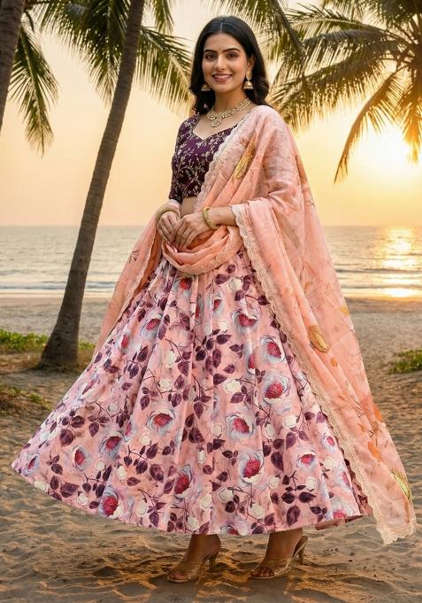Wine Embroidery Satin Lehenga Set