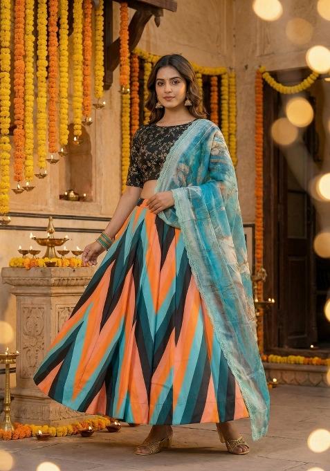 Black Embroidery Satin Lehenga Set