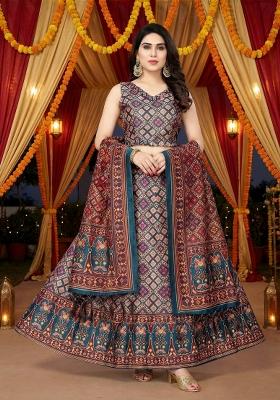 Blue Printed Satin Lehenga Set