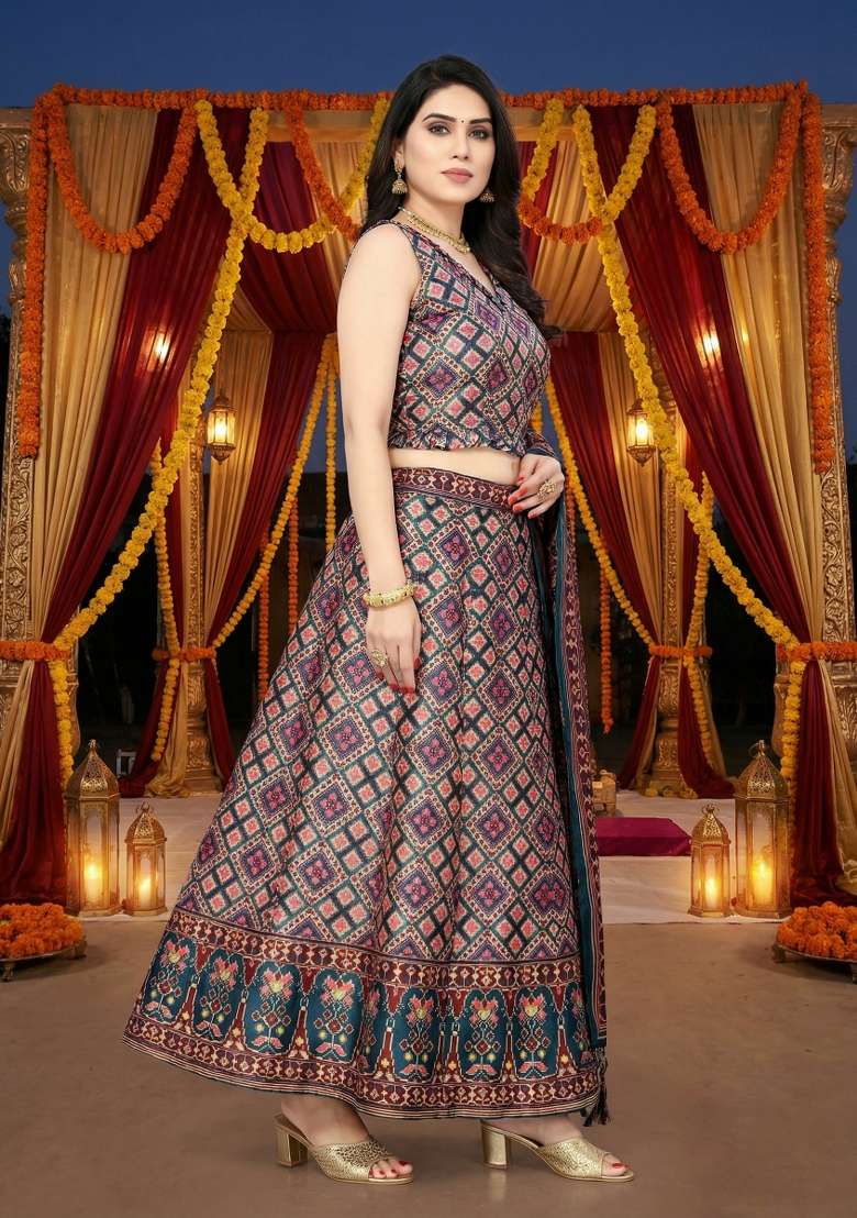 Blue Printed Satin Lehenga Set for Diwali and Festive Wear - Indya