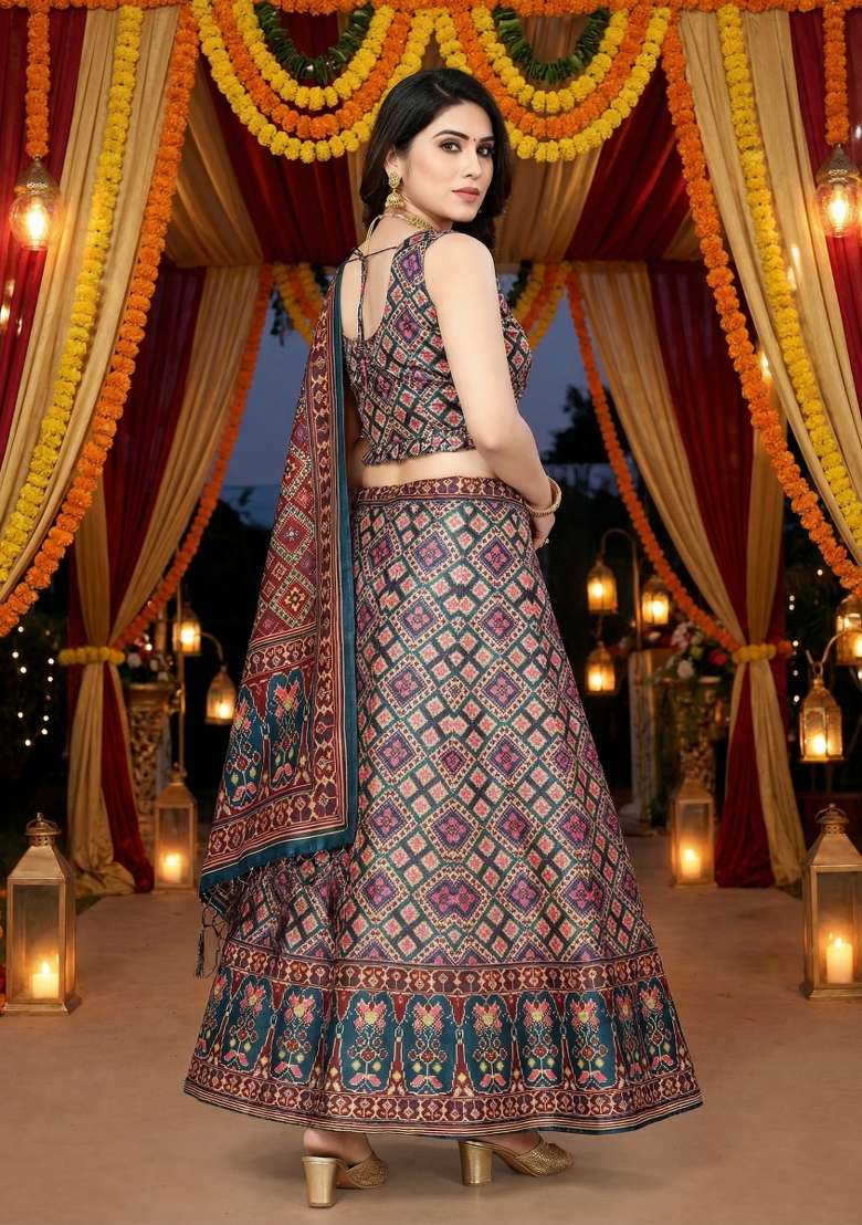 Blue Printed Satin Lehenga Set for Diwali and Festive Wear - Indya