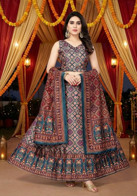 Blue Printed Satin Lehenga Set