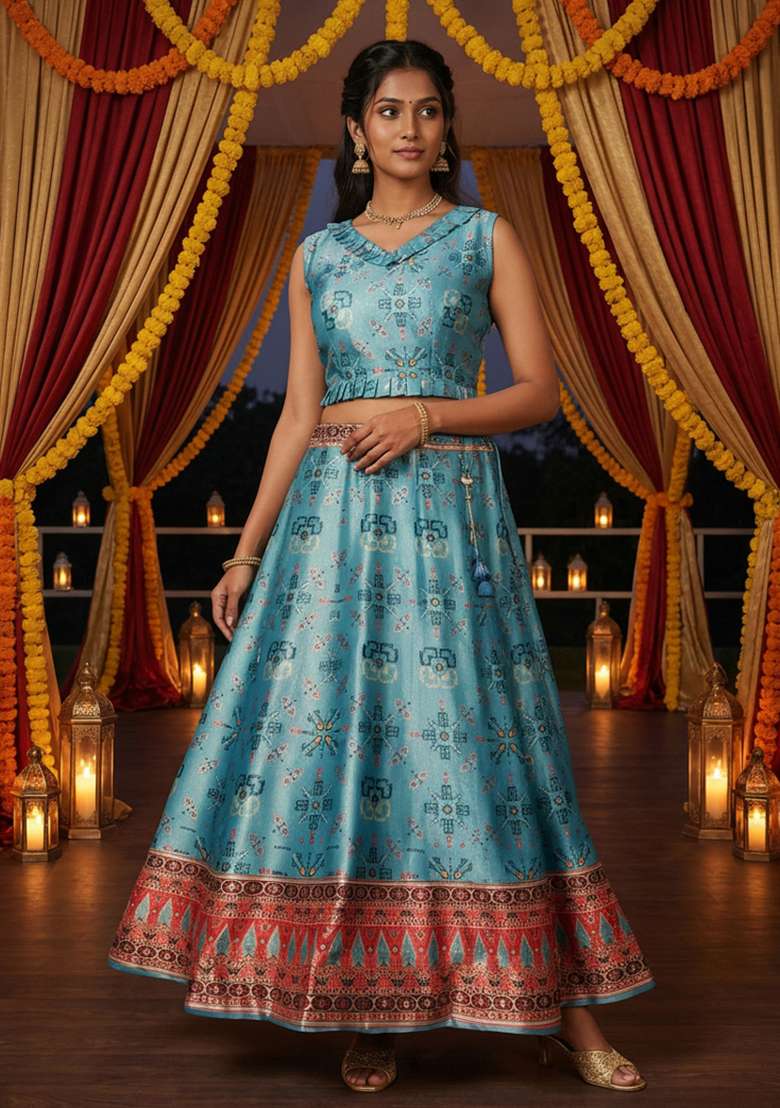 Aqua Blue Printed Satin Lehenga Set for Diwali and Festive Wear - Indya