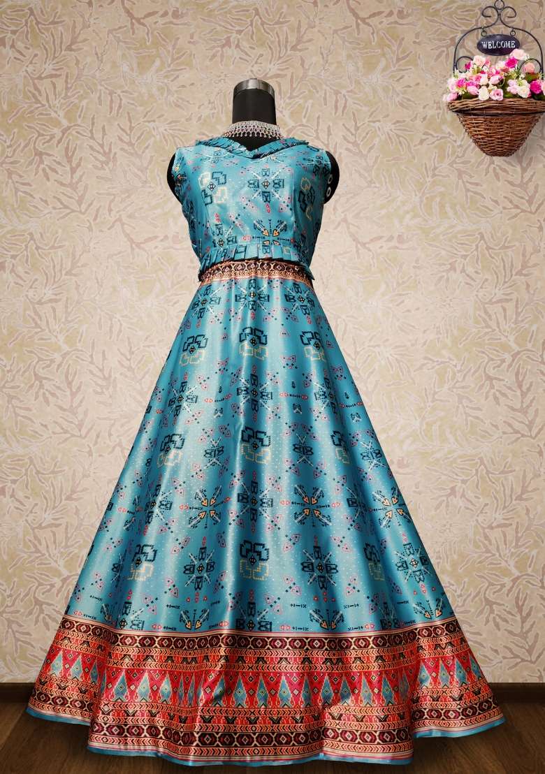Aqua Blue Printed Satin Lehenga Set for Diwali and Festive Wear - Indya