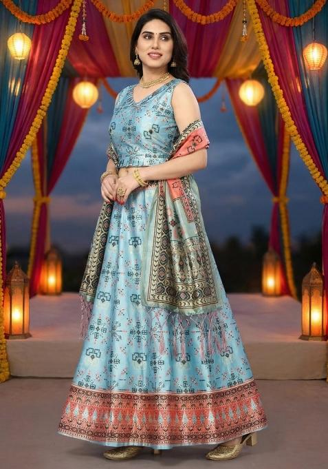 Aqua Blue Printed Satin Lehenga Set